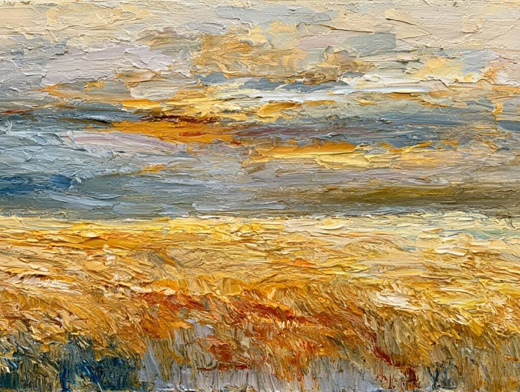 Golden wheat field sunset impressionist oil painting