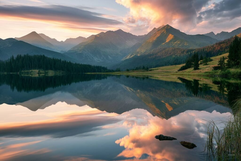 Jezero sa odrazom planina pri zori