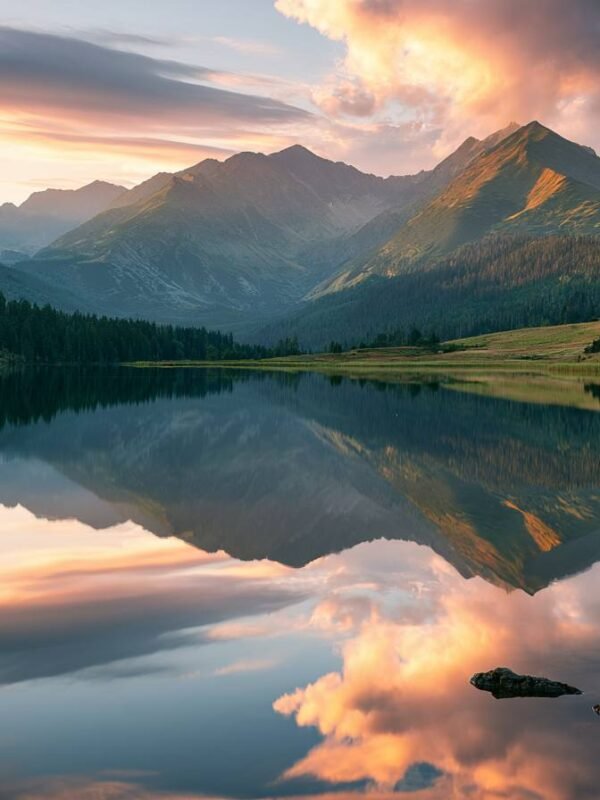 Jezero sa odrazom planina pri zori