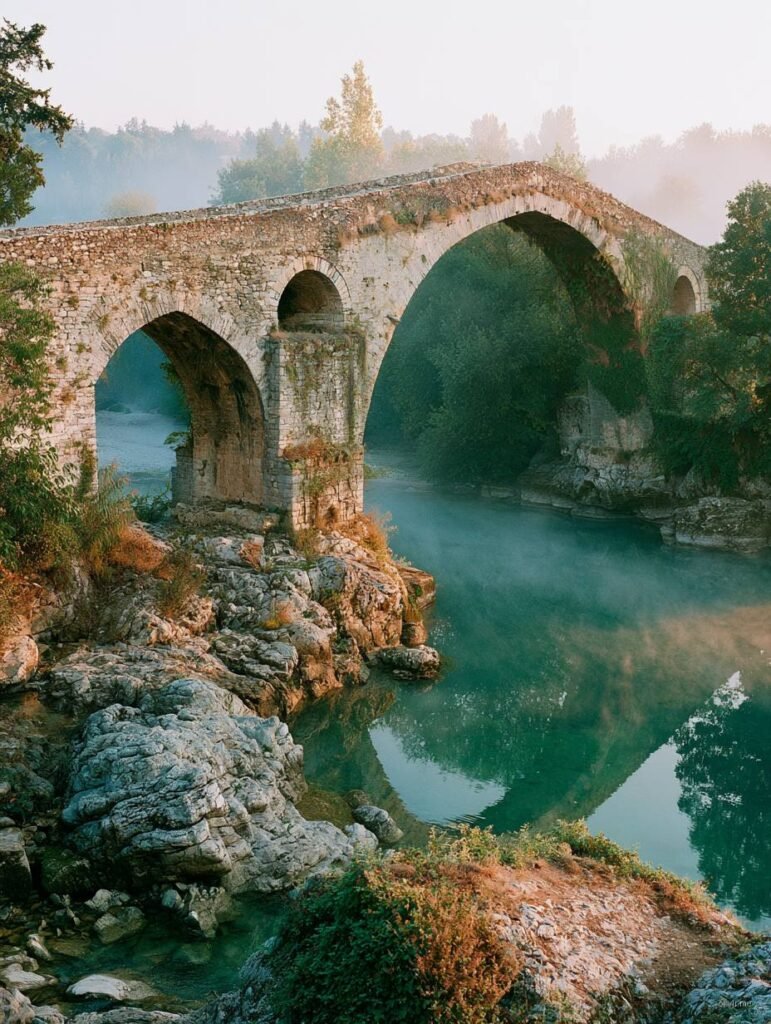 Stari kameni most preko smaragdne rijeke sa mgom