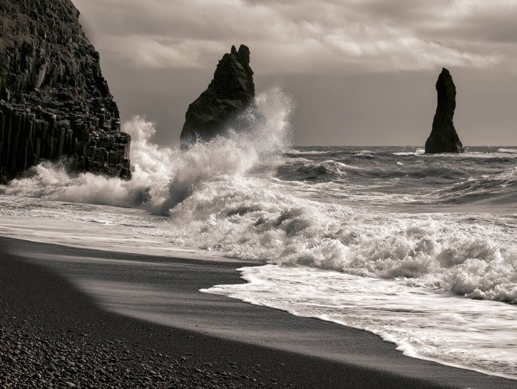 Crno-bijela plaža sa valovima i bazilijančnim stupovima Iceland