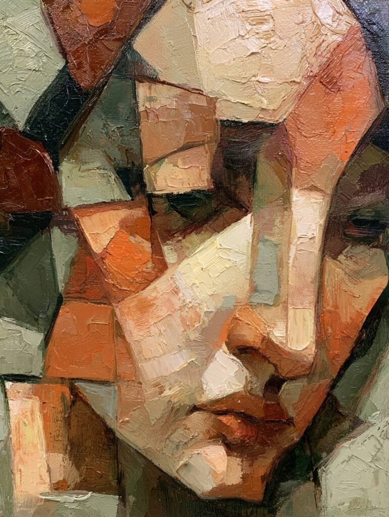Apstraktni fragmentirani portret ženske lice u geometrijskim bojama