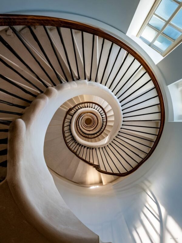 Spiralna stepenica fotografirana odozgo, minimalističan dizajn