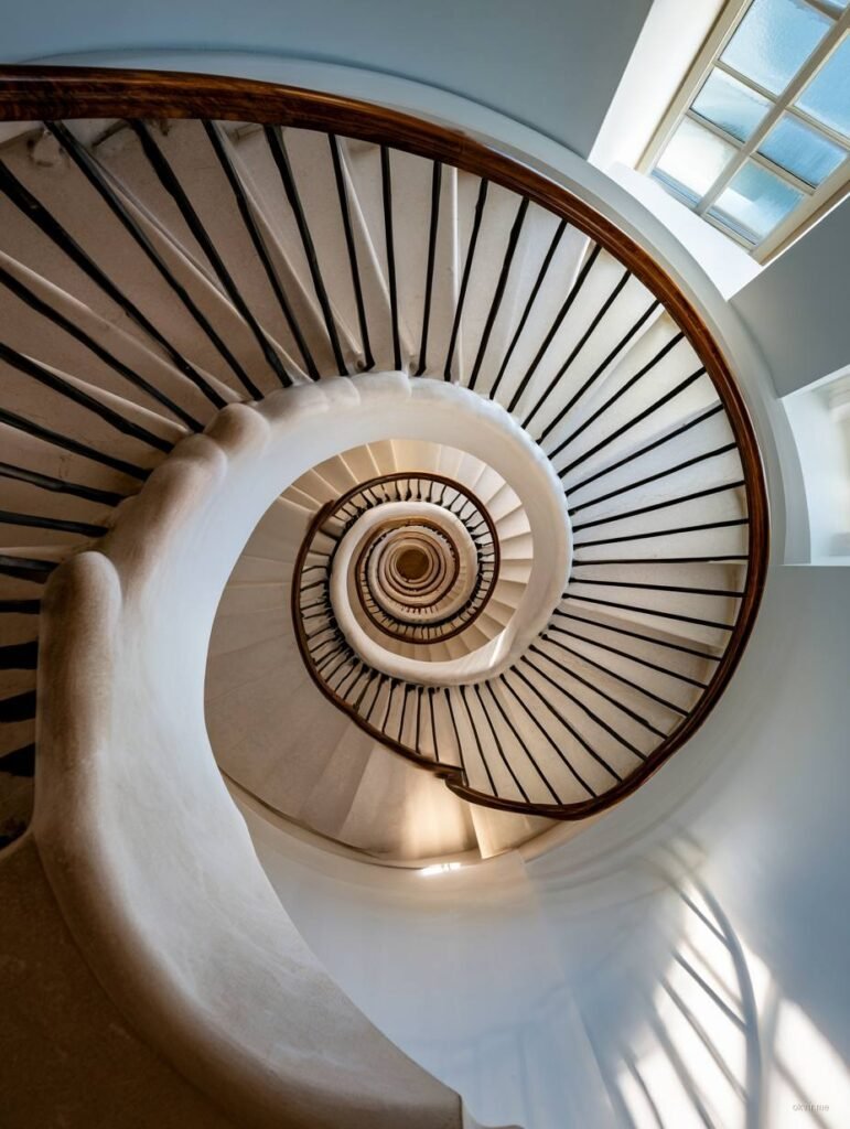 Spiralna stepenica fotografirana odozgo, minimalističan dizajn
