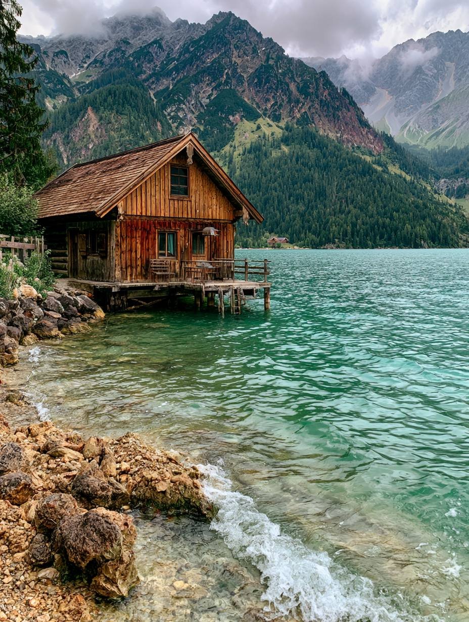 Drveni boathouse na plavikovitom jezeru ispod planinskog vrha