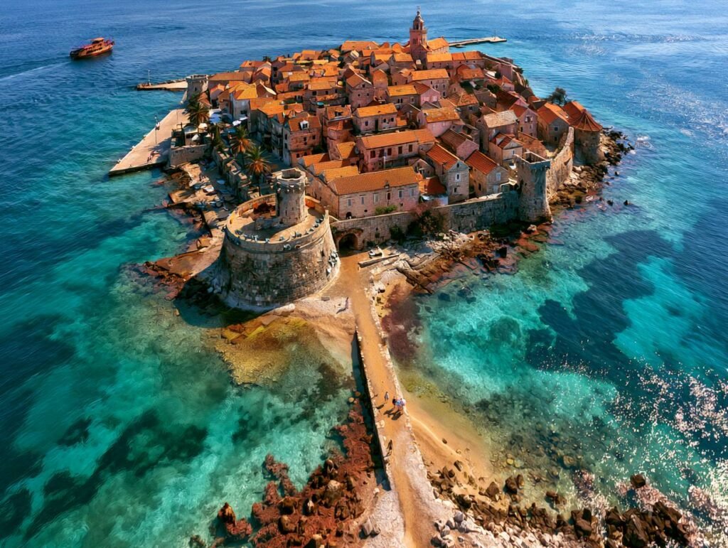Kameniti dalmatinski otok sa crvenim krovovima okružen azurnom vodrom