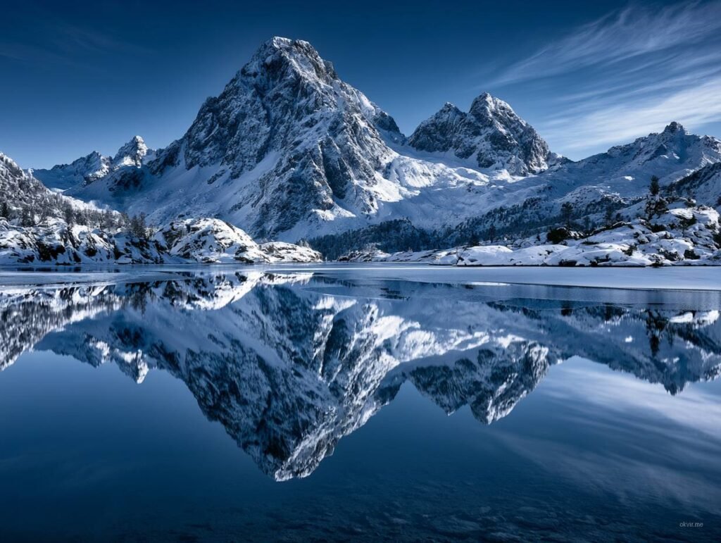 Zimski pejzaž planinskog jezera sa refleksijom snježnih vrhova