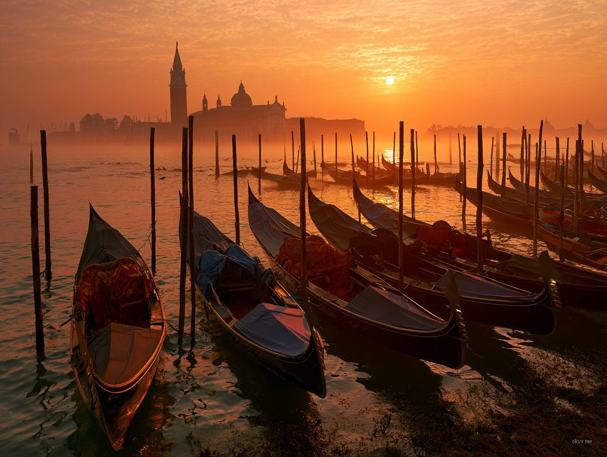 Venecija bazilika gondole magla zora