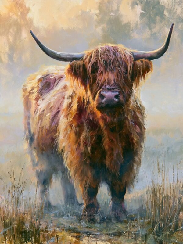Highland bik sa dugim rogovima u maglovitoj zori