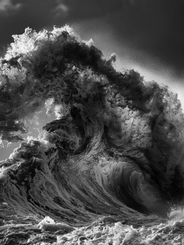 Moćan ocean val sa plijuskom crno-bijelo