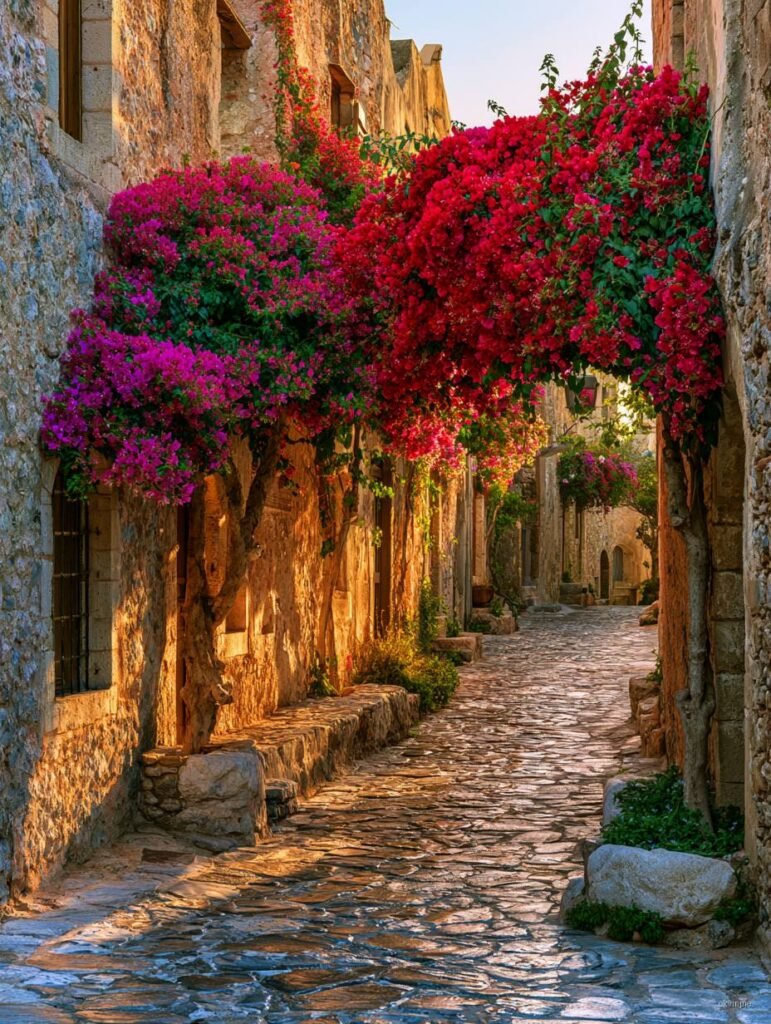 Kamenita uličica sa crvenim i magenta cvijećem bougainvillea