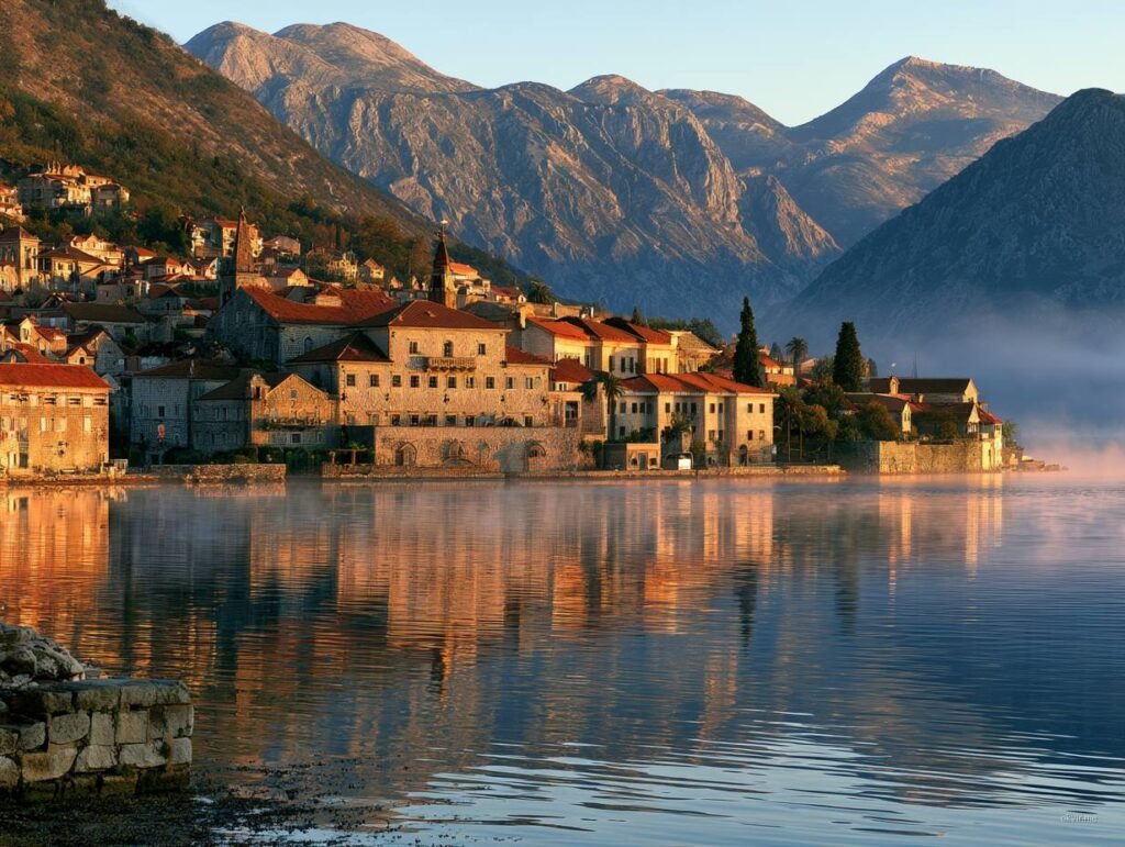 Stari sredozemni gradić sa krovovima na obali jezera