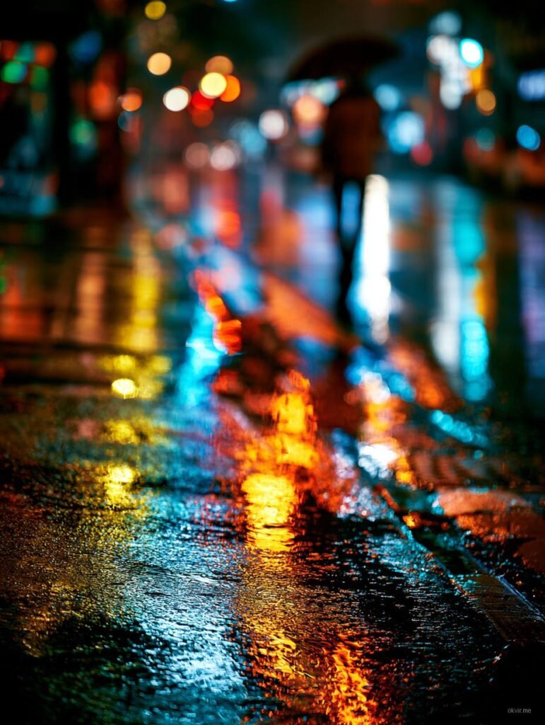 Noćna urbana ulica s neonskim bojama i refleksijama