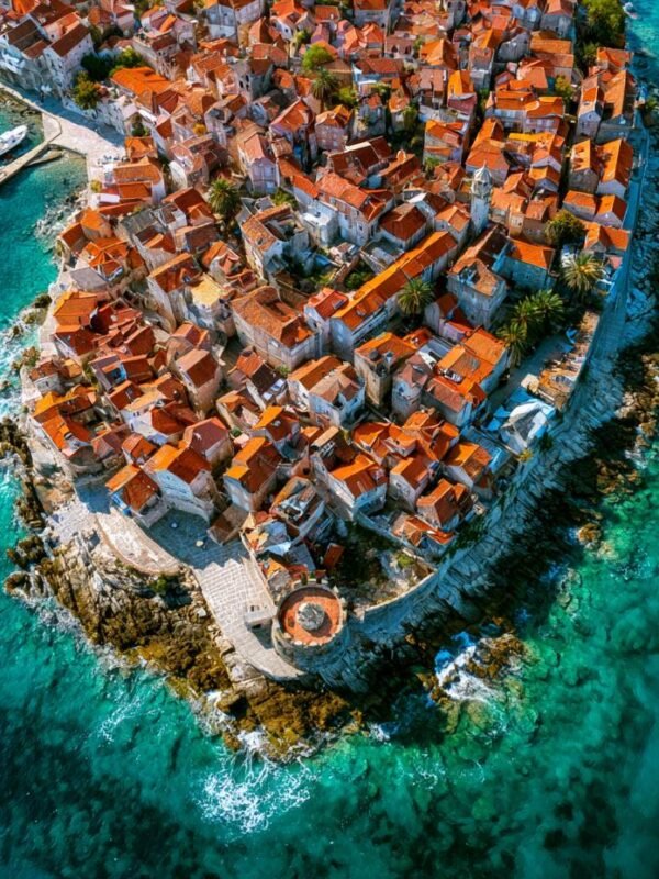 Zračni pogled na stari obalni grad sa crvenim krovovima u tirkiznom moru