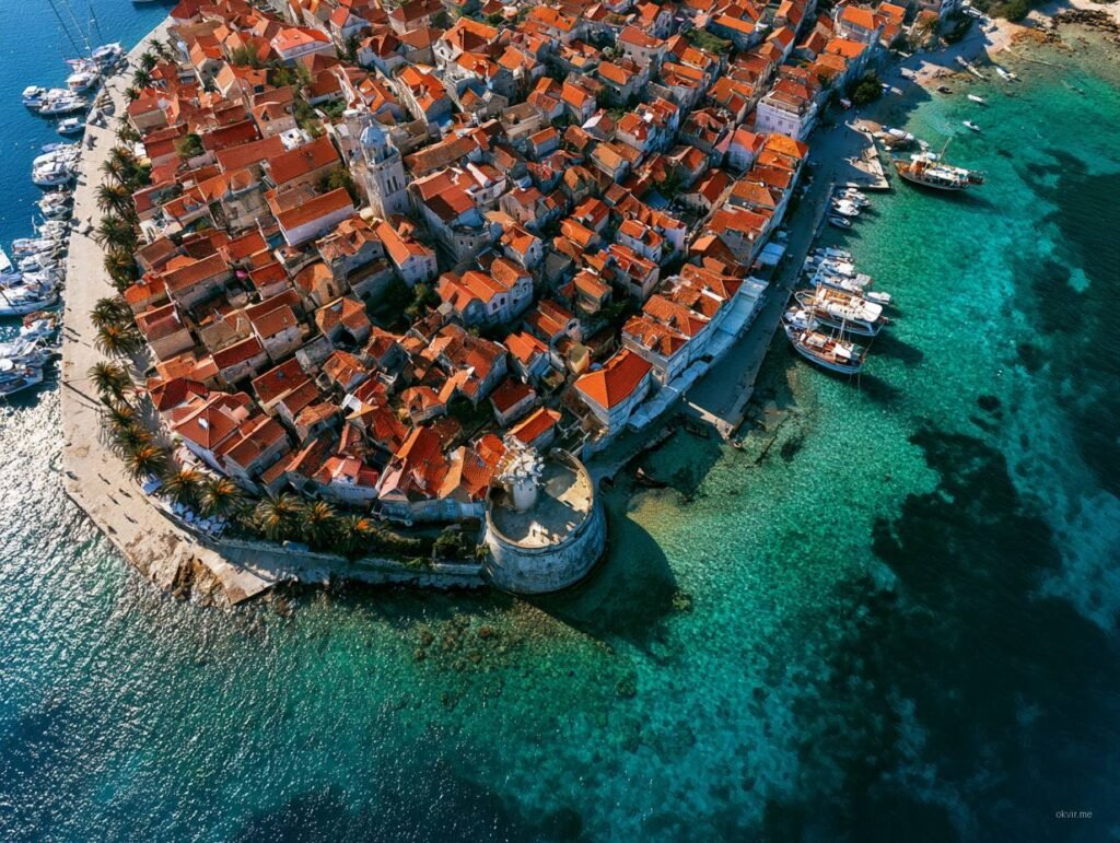 Zračni pogled na stari grad sa crvenim krovovima na poluostrvu