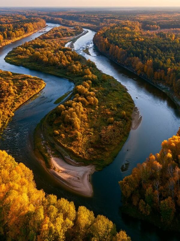 Aerial pogled rijeke koja se vijuga kroz šumu sa zlatnim jesenjim listovljem