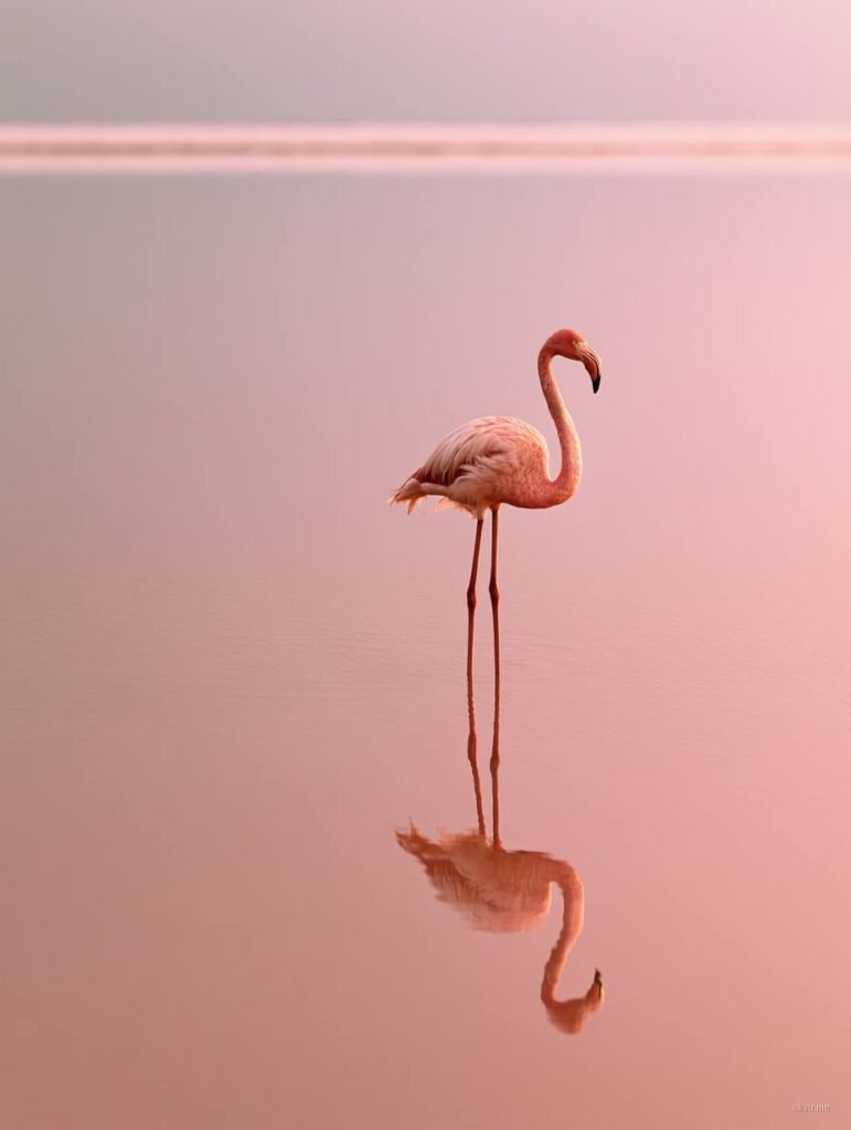 Flamingo sa dugim nogama stoji u ružičastoj vodi sa refleksijom