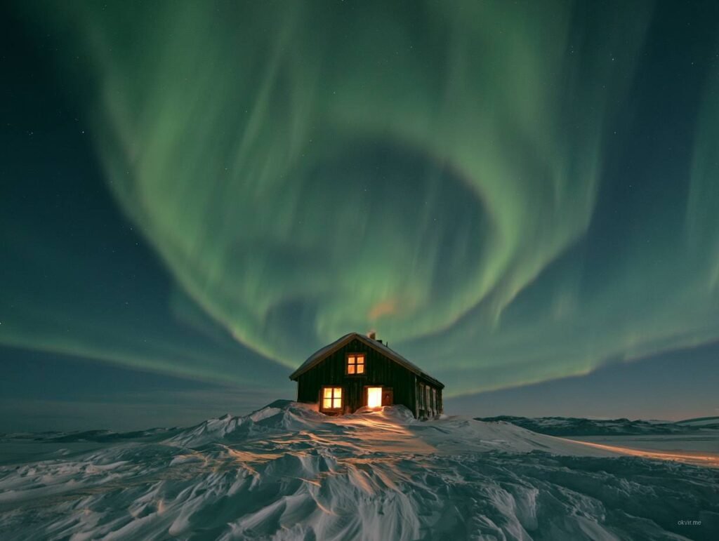Polarna svjetlost iznad snježnog pejzaža sa kucom