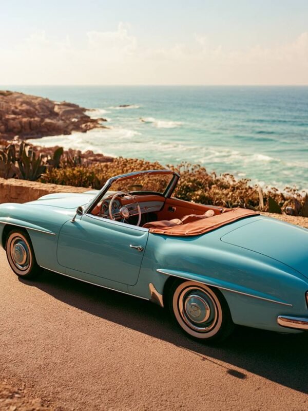 Plavi vintage kabriolet parkiran na obali pored mora
