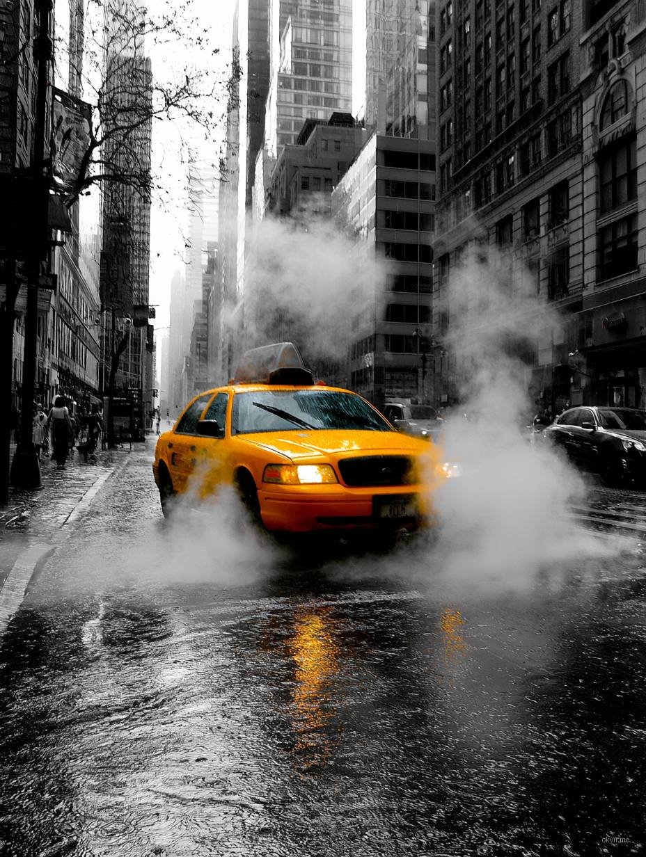 Žuti taksi na kišnoj ulici New Yorka sa parom