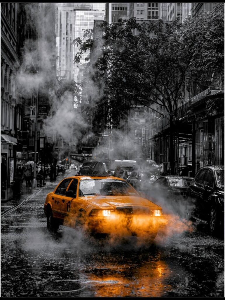 Žuti taksi kišna ulica New York para Buildings